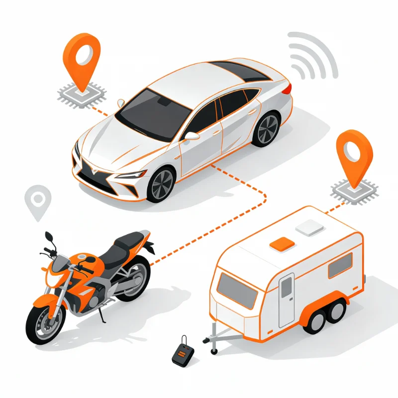 Illustration de géolocalisation GPS Tunisie montrant le suivi en temps réel d'une voiture, moto et remorque avec traceurs GPS et épingles de localisation