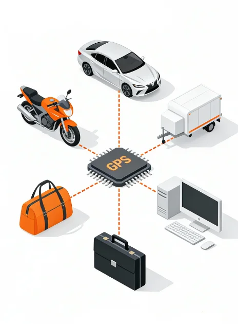 Infographie du retour sur investissement (ROI) d'une puce GPS Tunisie montrant la connexion entre voiture, moto, sac de transport, remorque et composant GPS central - calcul ROI et coûts-bénéfices de la géolocalisation GPS