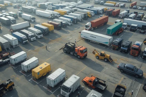 Vue aérienne d'un port avec remorques, conteneurs et équipements - protection matériel avec mini traceur GPS Tunisie