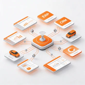 Intégration modules IoT avec ERP CRM - Illustration appareils connectés pour vision unifiée et géolocalisation GPS voiture