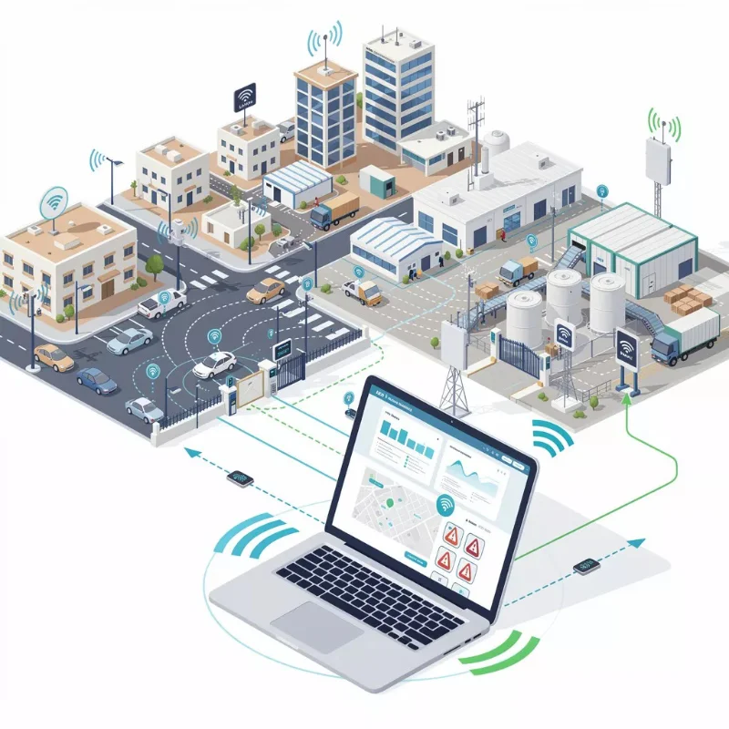 Plateforme solutions IoT Tunisie - Illustration de ville connectée avec capteurs, géolocalisation GPS voiture et supervision en temps réel